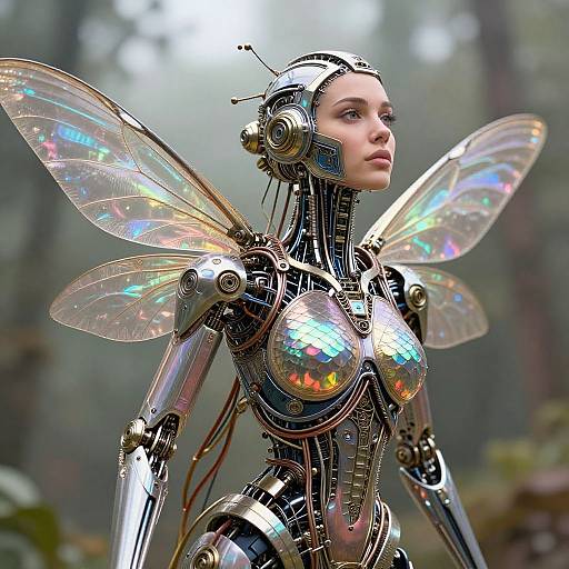 Photorealistic CGI of a female cyborg with iridescent wings, metallic body, and antennae, standing in a foggy forest.