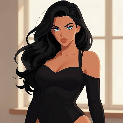Digital art of a sultry, blue-eyed woman with long black hair, wearing a black off-shoulder top, standing against a bright window.