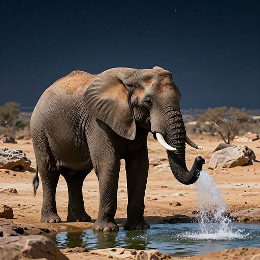 Photograph of a large African elephant with dusty brown skin, standing in a dry, rocky waterhole, splashing water with its trunk at night under