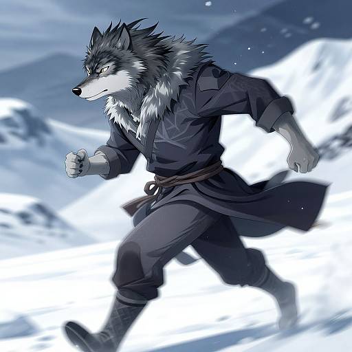Digital anime-style drawing of a fierce, muscular anthropomorphic wolf with gray and white fur, wearing a dark robe, running through a snowy, blue-t