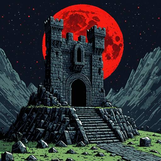 Low Poly Ruined Battlement with Red Moon
