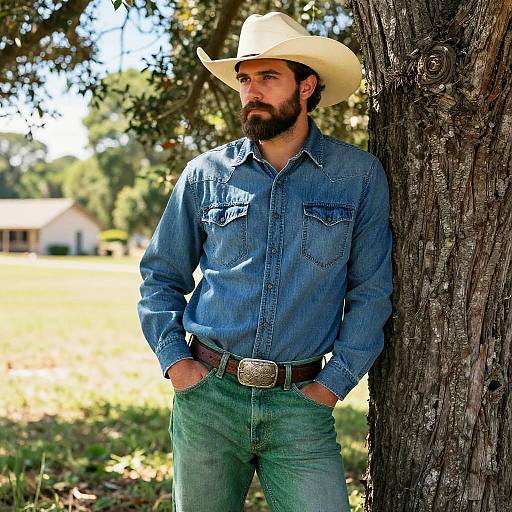 Photograph of a bearded man with a white cowboy hat, blue denim shirt, green pants, leaning against a tree in a sunny, rural setting