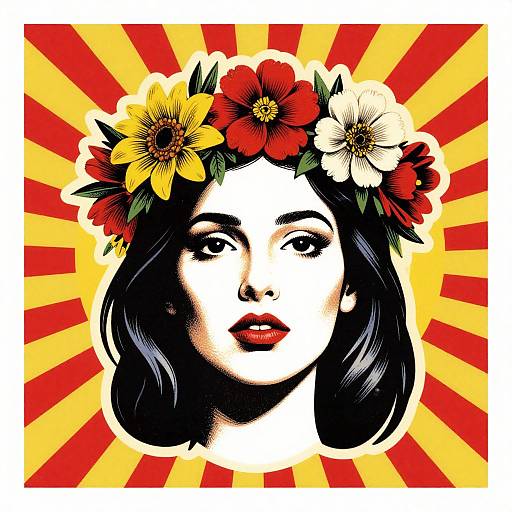 Digital pop art portrait of a woman with black hair, red lips, wearing a colorful flower crown, against a red and yellow sunburst background.