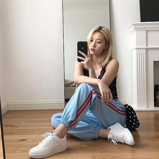 Young Woman Sitting on Floor Taking Mirror Selfie