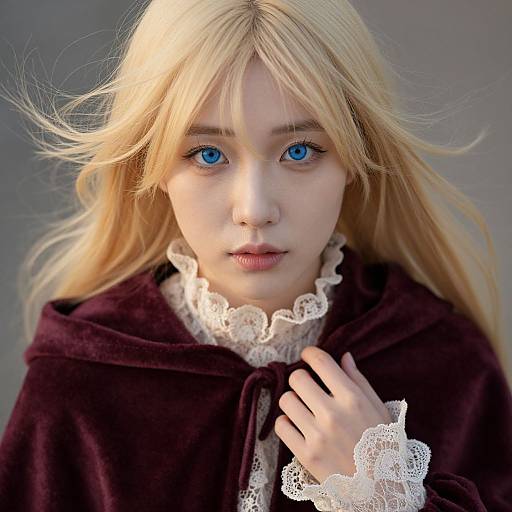 Photograph of a young woman with blue eyes, long blonde hair, and fair skin, wearing a maroon velvet cloak with white lace trim, holding