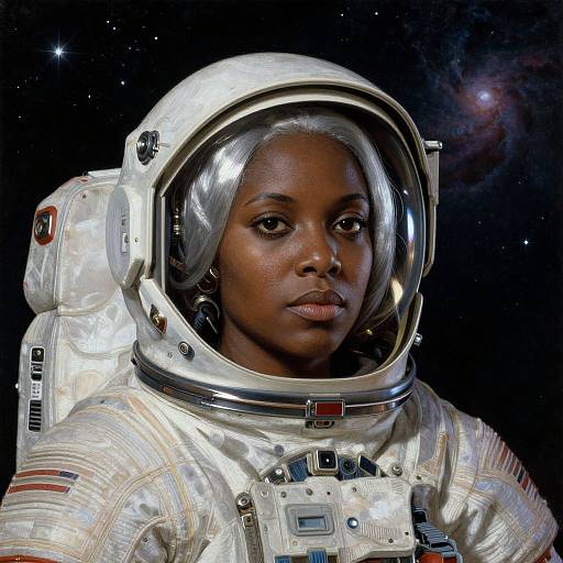 Photorealistic portrait of a Black woman in a shiny silver space suit with a reflective helmet, set against a starry galaxy background.