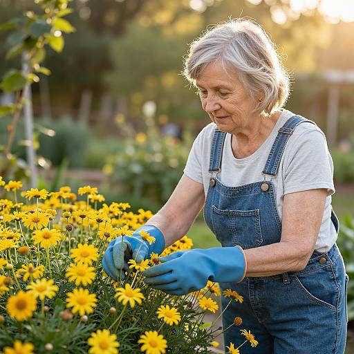 Elderly woman with short gray hair, wearing blue gloves and denim overalls, tends vibrant yellow flowers in a sunny garden. Photograph.