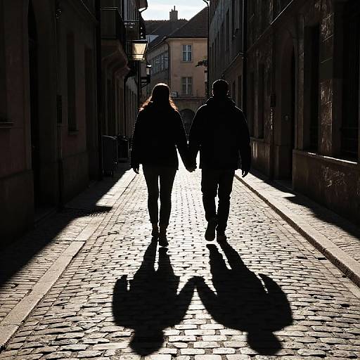 Silhouetted photograph of a couple walking down a cobblestone street at sunset, casting long shadows, with buildings lining both sides.