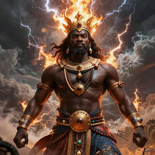 Digital art of a muscular, dark-skinned god with a fiery crown, lightning bolts, and golden jewelry, standing powerfully against a stormy sky