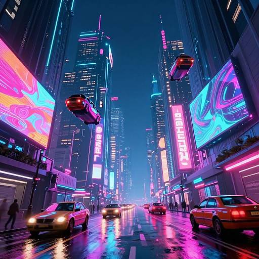 Neon-lit, futuristic city street at night, vibrant pink, blue, and purple digital billboards, hovering cars, wet road reflecting lights,