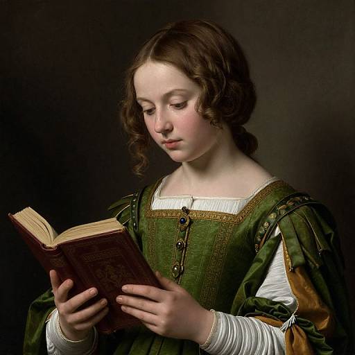 Photograph of a young, fair-skinned girl with curly brown hair, wearing a green medieval-style dress, intently reading an open book against a