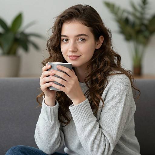 Photograph of a young woman with long, wavy brown hair, light skin, wearing a white sweater, holding a grey mug, sitting on a
