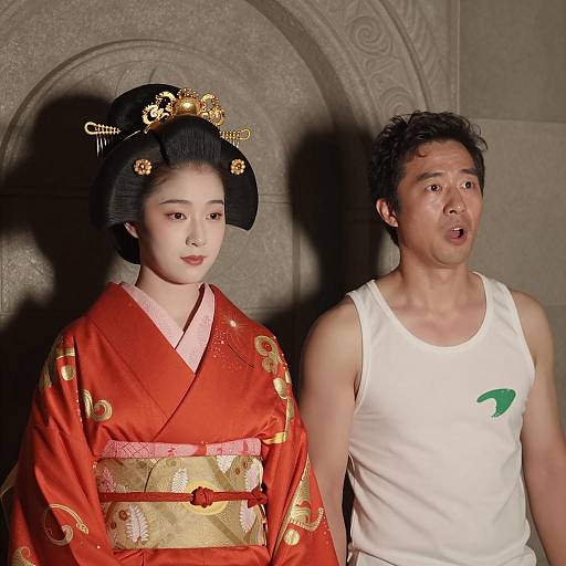 Traditional Japanese Woman and Casual Man Portrait