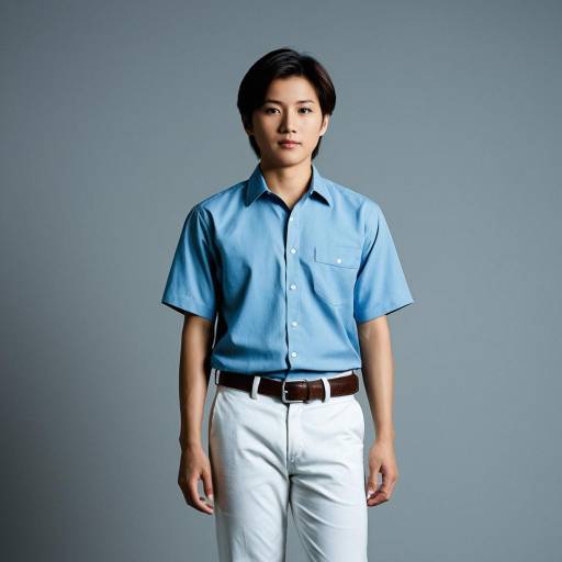 Asian Young Man in Blue Shirt and White Pants