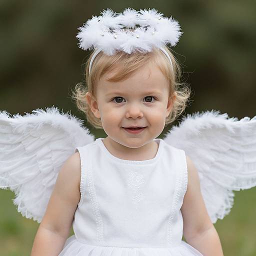 Photograph of a smiling baby with light brown hair, wearing a white angel costume with fluffy wings and halo, against a blurred green background.