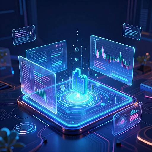 Neon-blue holographic computer interface with floating screens displaying graphs and text, centered on a glowing, circular, futuristic platform. Digital, high-tech,