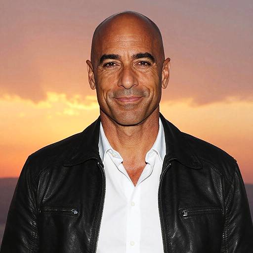 Photograph of bald, middle-aged man with tan skin and a smile, wearing a black leather jacket over a white shirt, against a sunset sky.