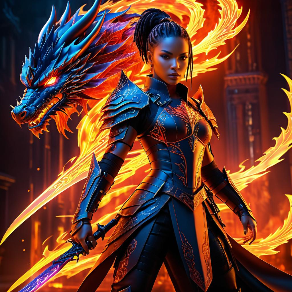 Futuristic Cyberpunk Warrior vs Fiery Dragon