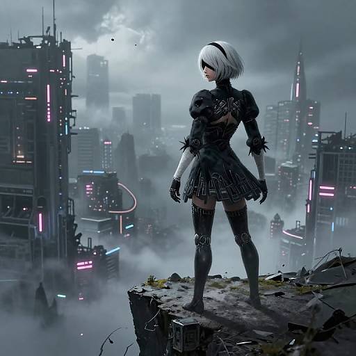 Digital artwork of a white-haired, black-clad android girl standing on a cliff, gazing over a neon-lit, dystopian cityscape.