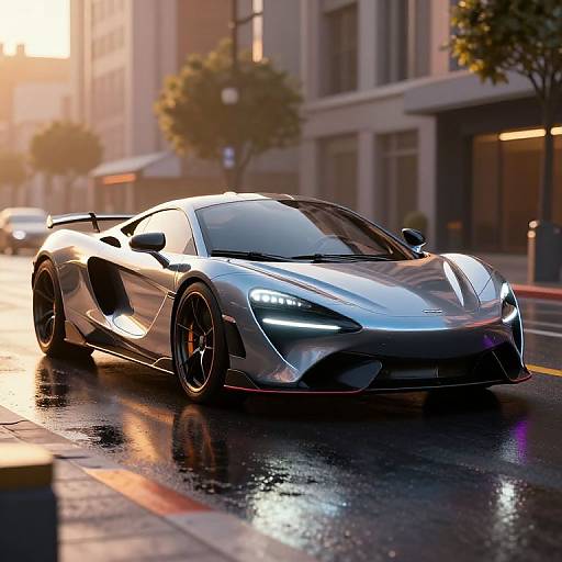 Photorealistic CGI of a sleek, silver, high-performance sports car with glowing headlights driving on a wet, urban street at sunset.