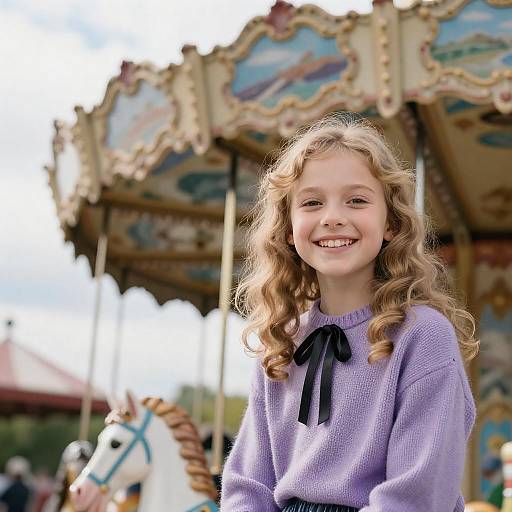 Joyful Girl Smiling by Colorful Carousel