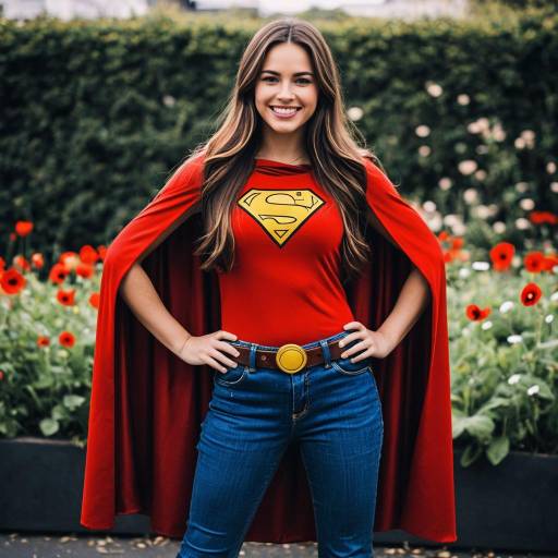 Young Woman in Superhero Costume with Red Cape