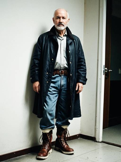 Elderly Man in Leather Coat and Boots