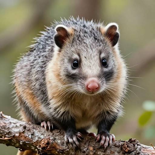 Close-up photograph of a cute, fluffy opossum with black and white fur, pink nose, and small ears, standing on a textured branch in