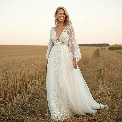 Photograph of a smiling blonde woman in a white lace wedding dress standing in a golden wheat field at sunset.