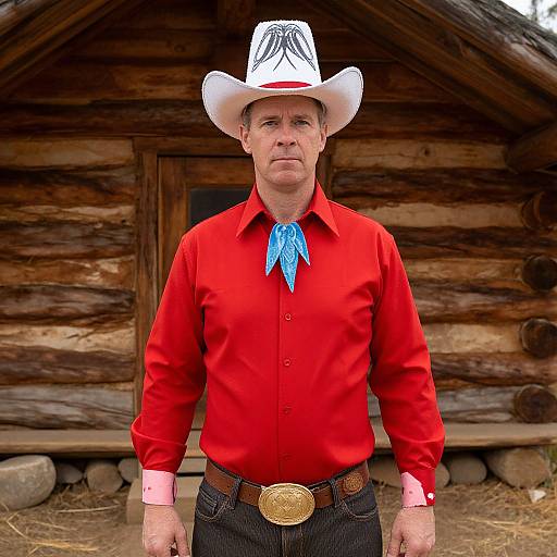 Middle-aged white man in red shirt, white cowboy hat with black feather, blue bandana, brown belt with gold buckle, standing in front of wooden