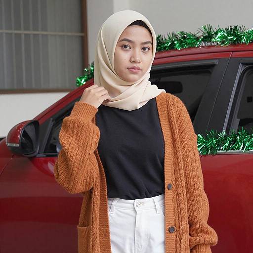 Young Woman in Hijab by Red Car