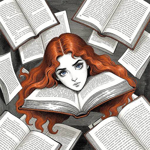 Digital comic-style drawing of a red-haired woman with intense blue eyes surrounded by floating open books, creating a surreal, immersive effect.