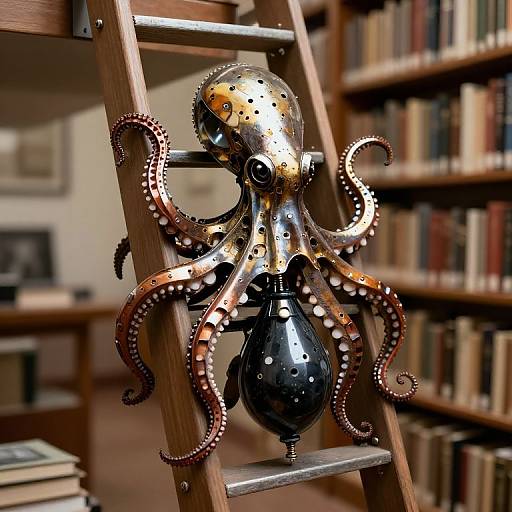 Photograph of a metallic, gold and rust-colored octopus sculpture with black teardrop-shaped body, hanging on a wooden ladder in a book-filled