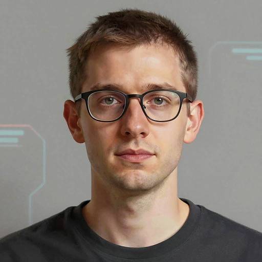 Photograph of a young Caucasian man with short brown hair, wearing black-framed glasses and a black shirt, against a gray background.