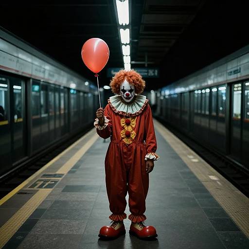 Photograph of a creepy clown in a red outfit holding a red balloon, standing alone on an empty, dimly-lit subway platform.