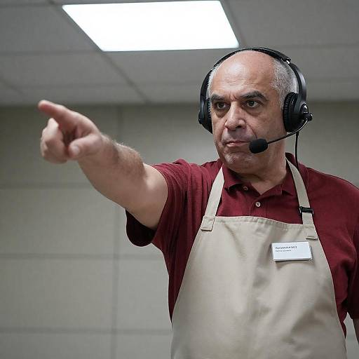 Focused Man in Red Shirt with Headset