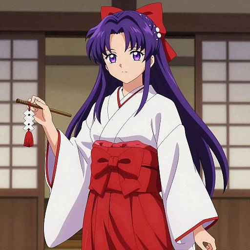 Anime-style digital drawing of a purple-haired girl in a white and red traditional Japanese miko outfit, holding a wooden stick with white and red tass