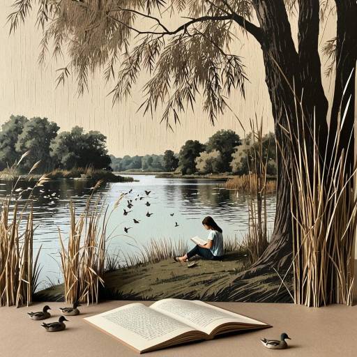 Paper Art of Woman Reading by Lakeside