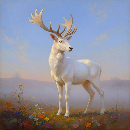 Photorealistic painting of a majestic white stag with large antlers standing on a colorful meadow, surrounded by wildflowers, under a clear blue sky