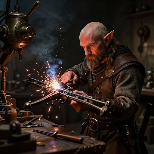 Photograph of a bald, bearded, elven blacksmith with pointed ears, wearing dark medieval armor, sparks flying from his forge, in a