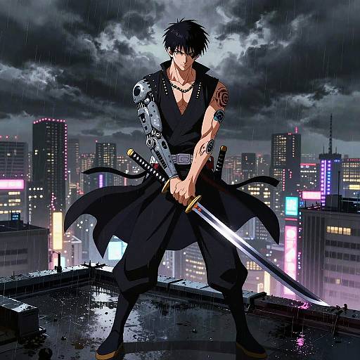 Anime-style digital artwork of a muscular, black-haired male warrior with a cybernetic arm, sword, and tattoos, standing on a rainy rooftop against
