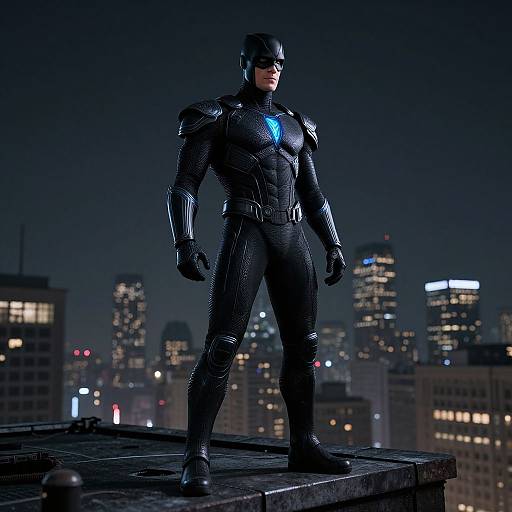 Photograph of a muscular man in a black, futuristic superhero suit with glowing blue chest emblem, standing confidently on a rooftop at night, with a city