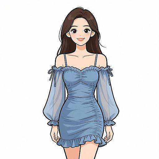 Digital anime-style drawing of a smiling young woman with long brown hair, wearing a blue off-shoulder, ruffled mini dress with sheer sleeves.