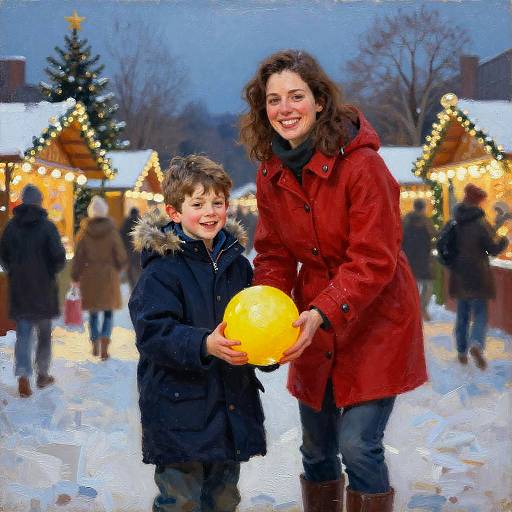Photograph of a smiling woman in a red coat and a young boy in a black coat holding a yellow ball at a snowy, festive outdoor market with