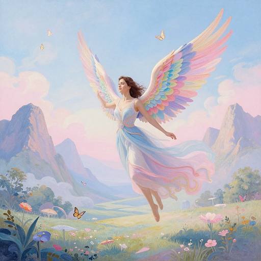 Digital painting of a woman with rainbow wings, ethereal dress, floating in a vibrant, mountainous meadow with butterflies and colorful flowers.