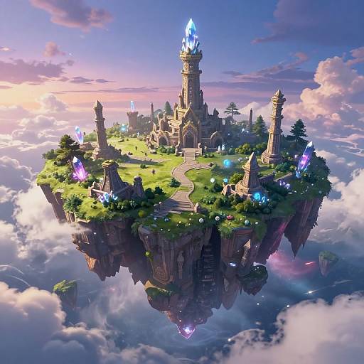 Fantasy CGI image of a floating island with a glowing blue tower, lush greenery, ancient stone structures, and vibrant crystals.