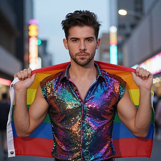 Photograph of a handsome, muscular man with dark hair and beard, wearing a shimmering, multicolored sequin shirt, holding a rainbow flag