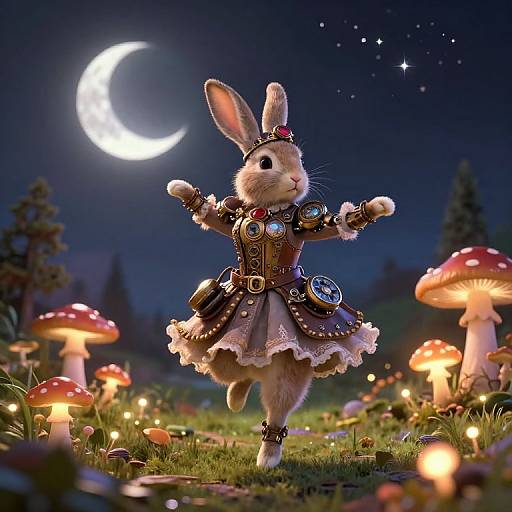 Steampunk Rabbit Dancing on Luminous Mushrooms