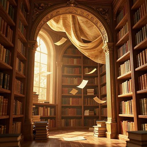 Golden sunlight streams through an ornate archway in a richly detailed, wooden library with floating papers and stacked books.