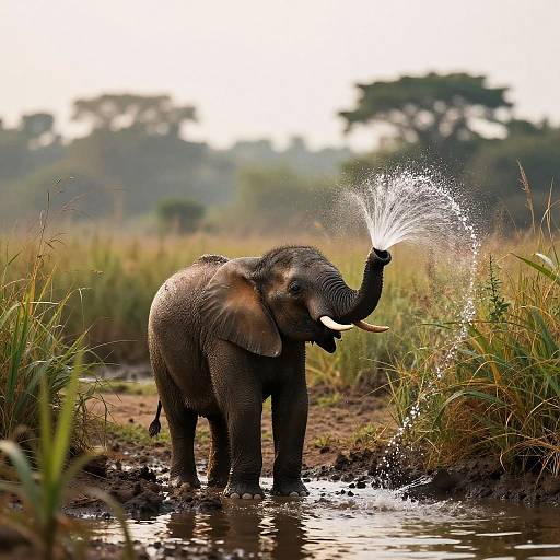 Photograph of a young elephant splashing water with its trunk in a muddy river, surrounded by tall grasses and trees in a lush, sunlit